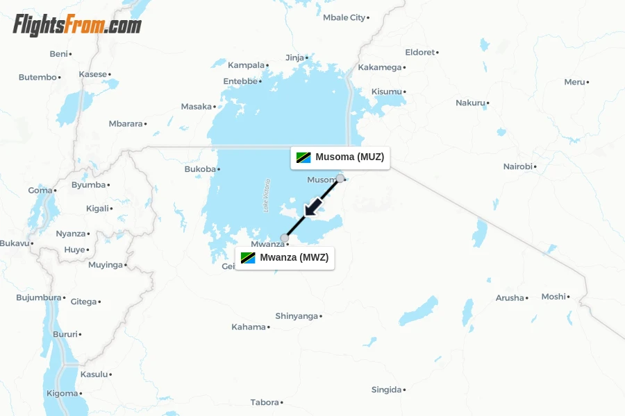 Flights from Musoma to Mwanza route map