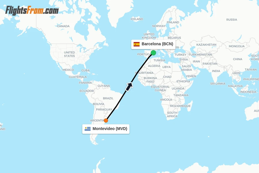 Flights from Montevideo to Barcelona route map
