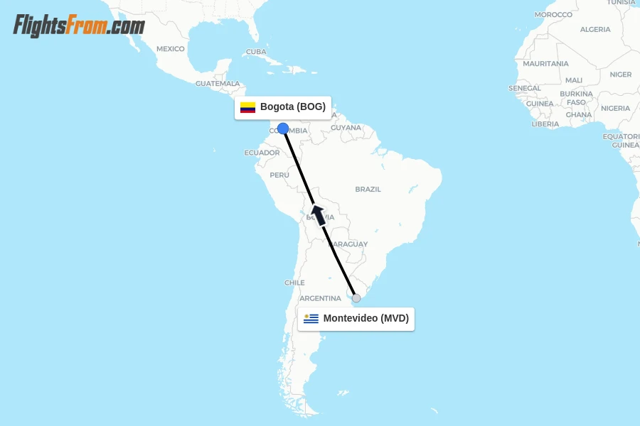 Flights from Montevideo to Bogota route map