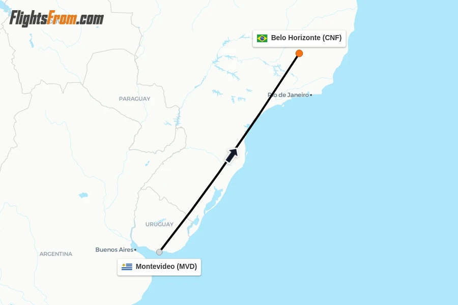 Flights from Montevideo to Belo Horizonte route map