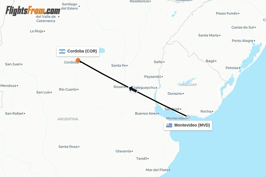 Flights from Montevideo to Cordoba route map