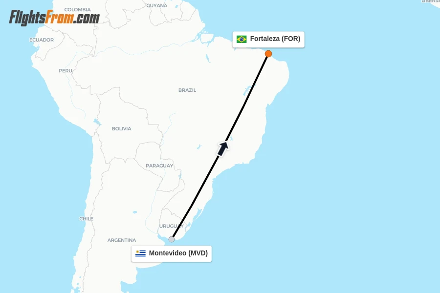 Flights from Montevideo to Fortaleza route map