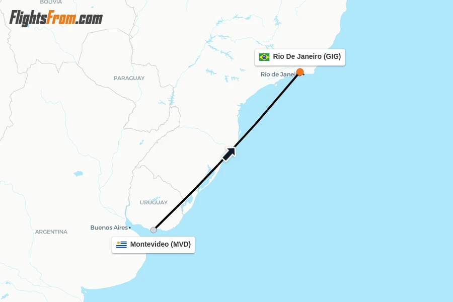 Flights from Montevideo to Rio De Janeiro route map