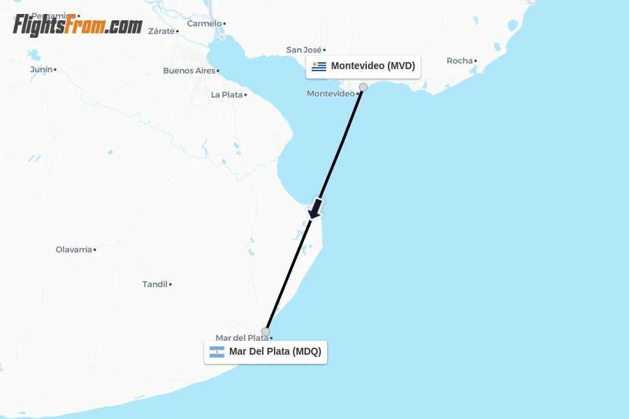 Flights from Montevideo to Mar Del Plata route map