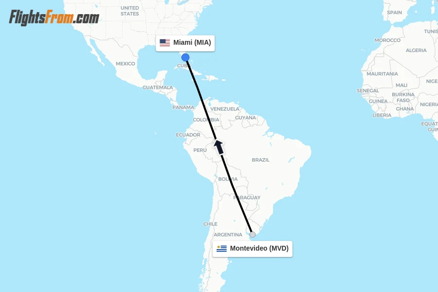 Flights from Montevideo to Miami route map