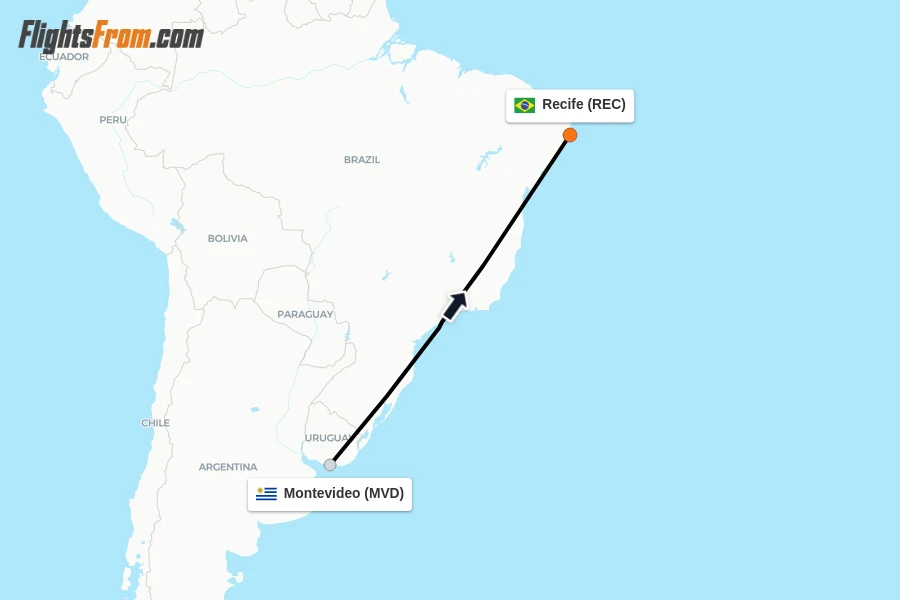 Flights from Montevideo to Recife route map