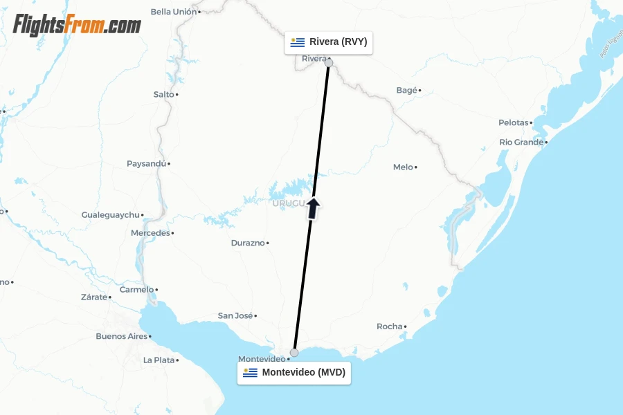 Flights from Montevideo to Rivera route map