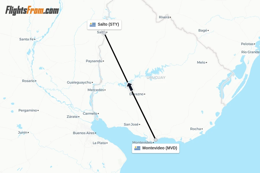 Flights from Montevideo to Salto route map