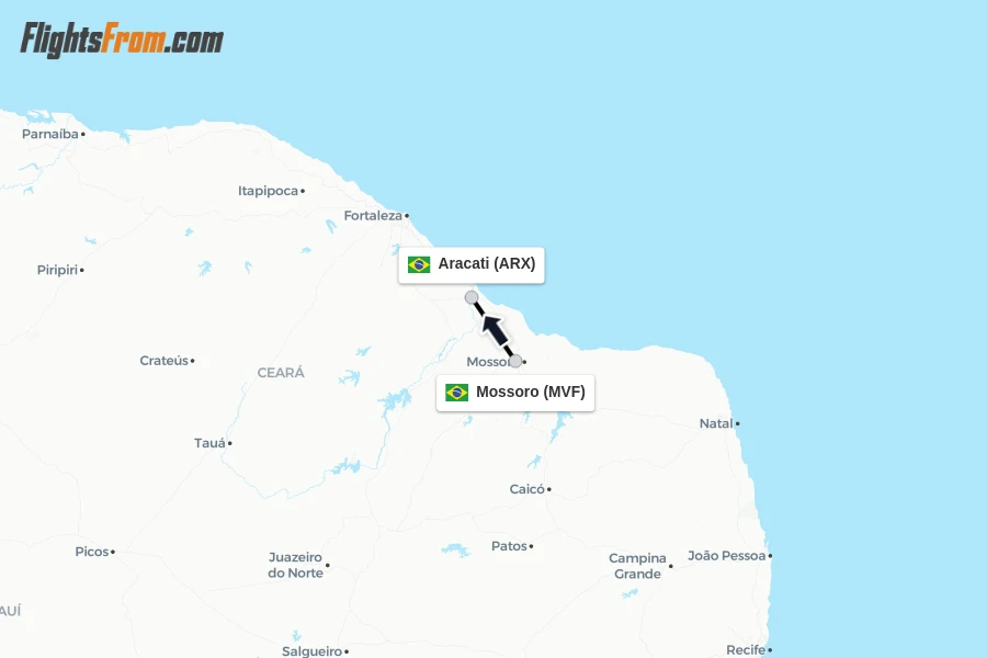 Flights from Mossoro to Aracati route map