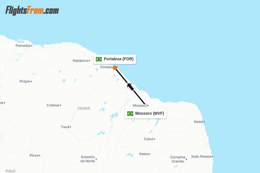 Flights from Mossoro to Fortaleza route map