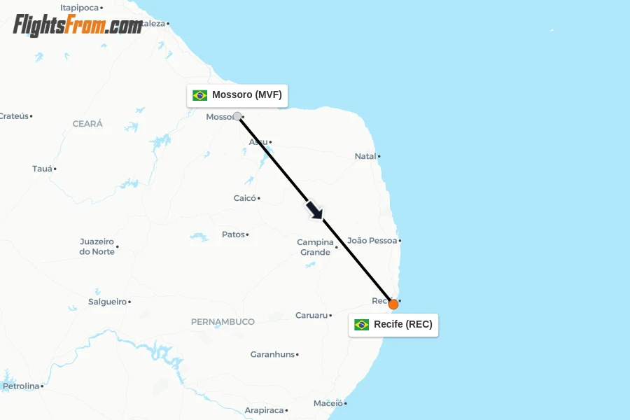 Flights from Mossoro to Recife route map
