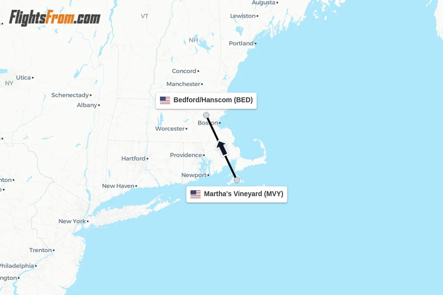 Flights from Martha's Vineyard to Bedford/Hanscom route map