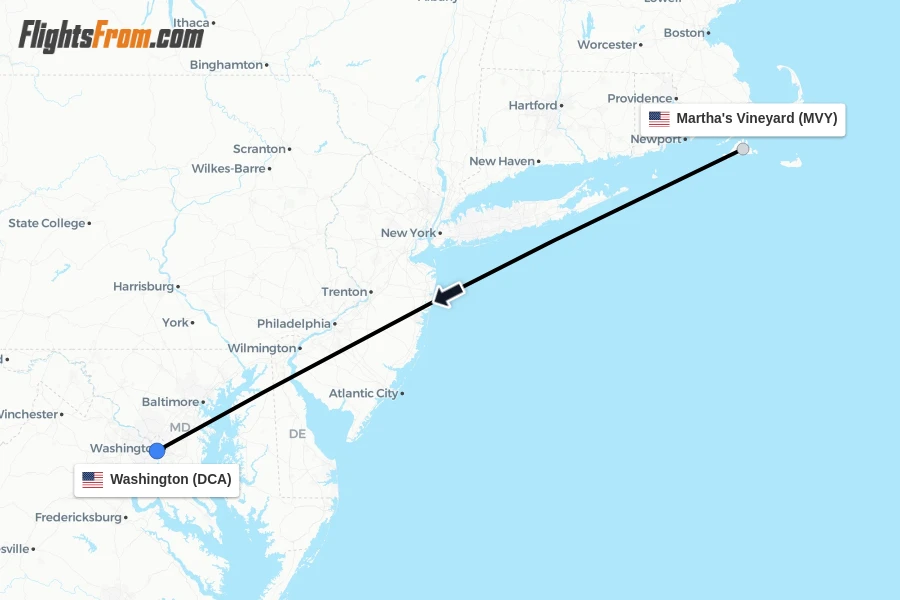 Flights from Martha's Vineyard to Washington route map