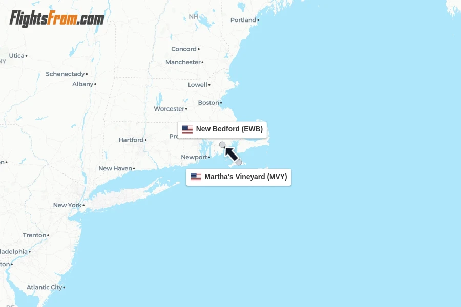 Flights from Martha's Vineyard to New Bedford route map