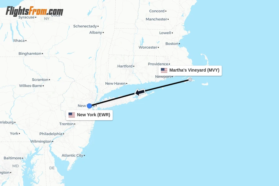 Flights from Martha's Vineyard to New York route map