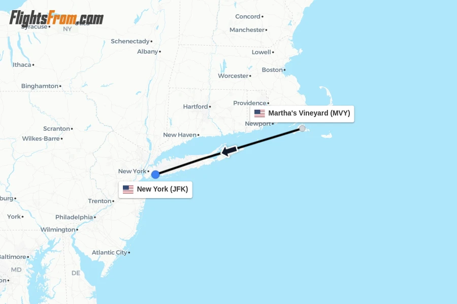 Flights from Martha's Vineyard to New York route map