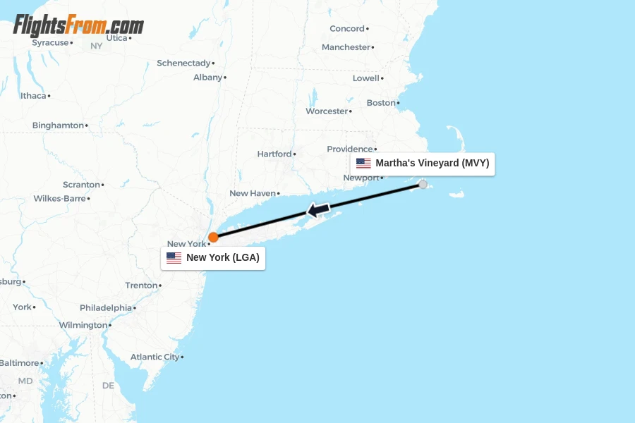 Flights from Martha's Vineyard to New York route map