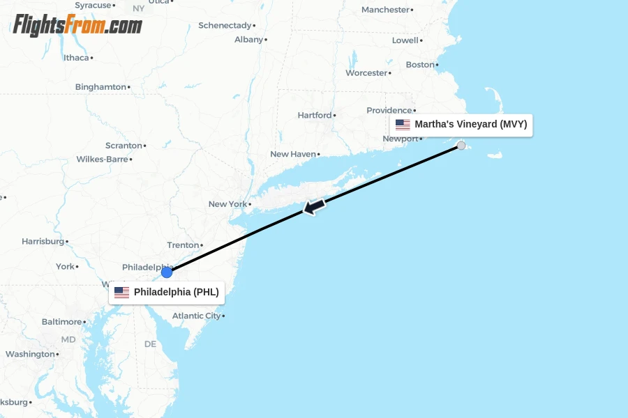 Flights from Martha's Vineyard to Philadelphia route map
