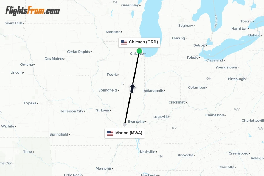 Flights from Marion to Chicago route map