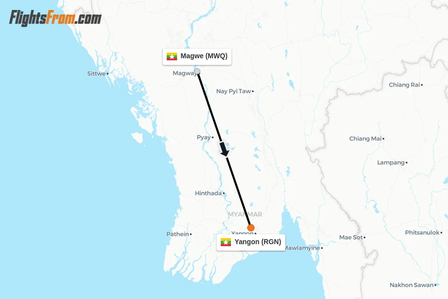 Flights from Magwe to Yangon route map