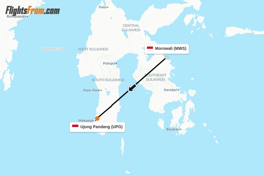 Flights from Morowali to Ujung Pandang route map