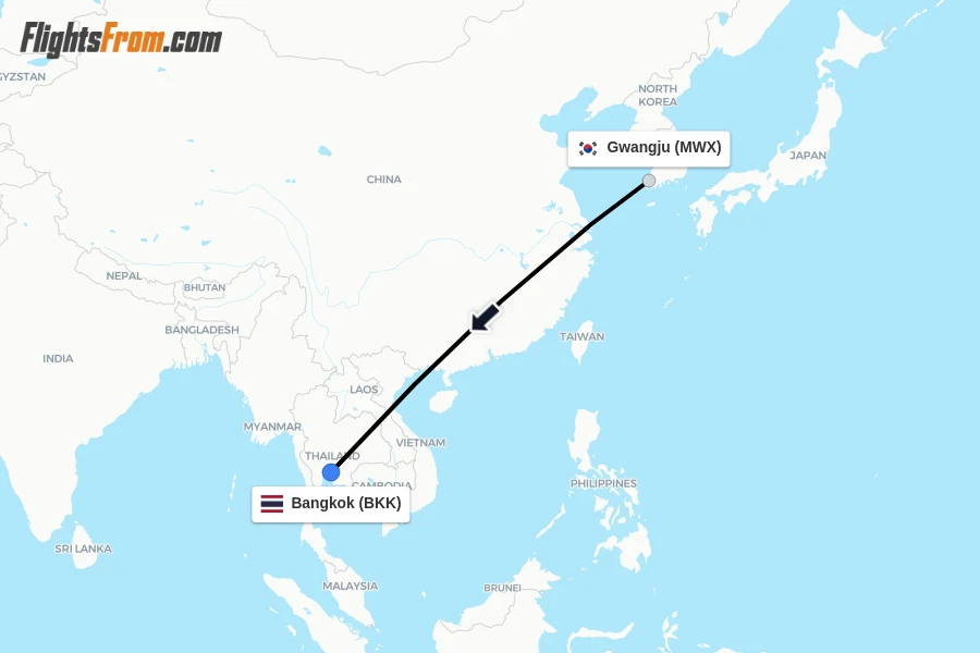 Flights from Gwangju to Bangkok route map