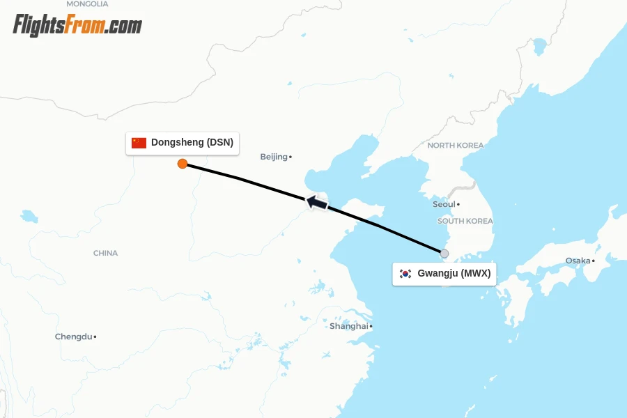 Flights from Gwangju to Dongsheng route map