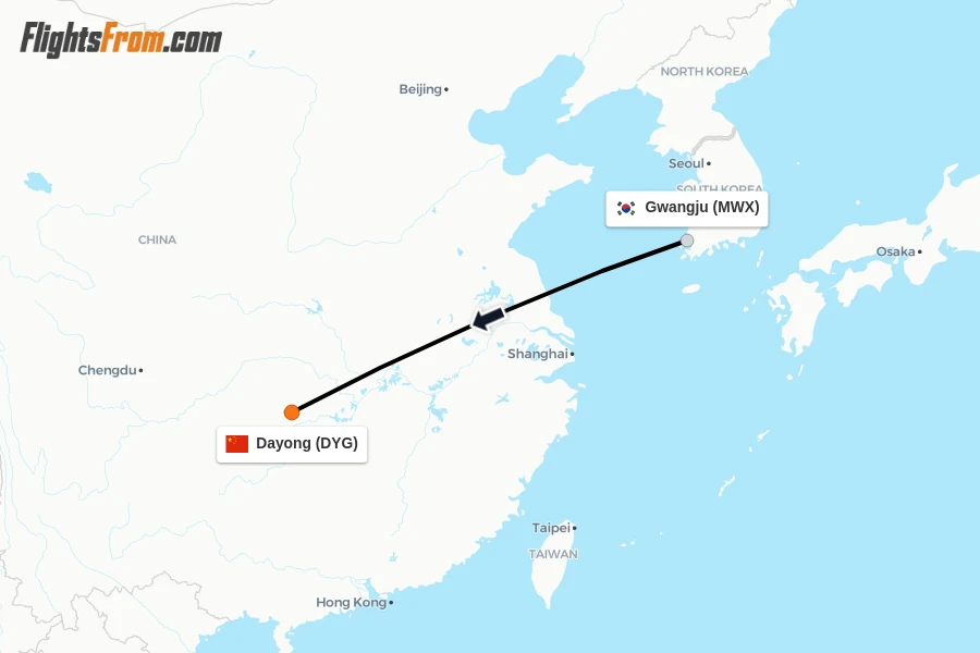 Flights from Gwangju to Dayong route map