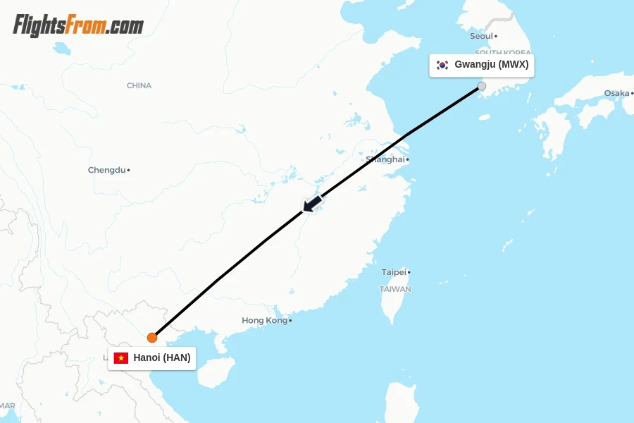 Flights from Gwangju to Hanoi route map