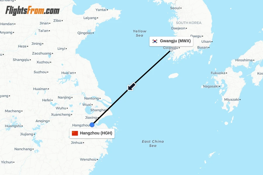 Flights from Gwangju to Hangzhou route map
