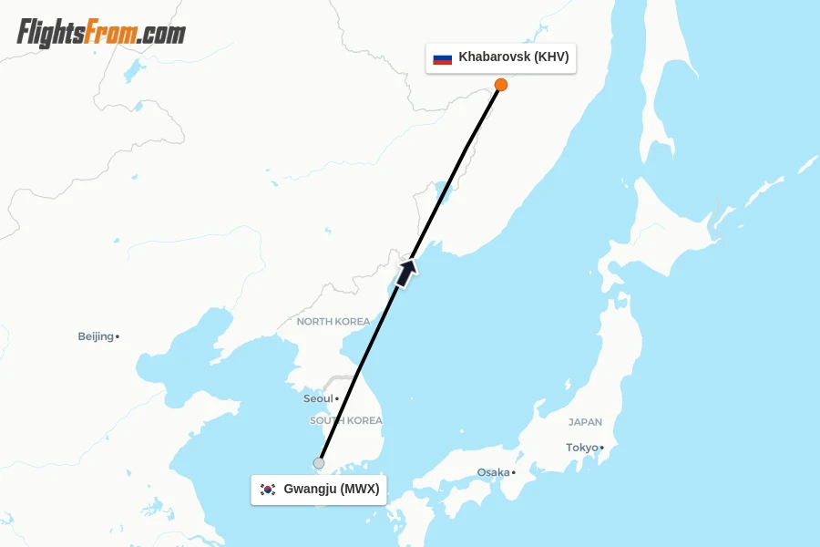 Flights from Gwangju to Khabarovsk route map