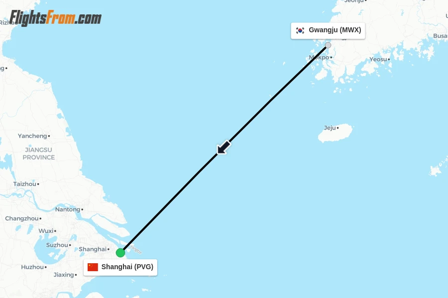 Flights from Gwangju to Shanghai route map