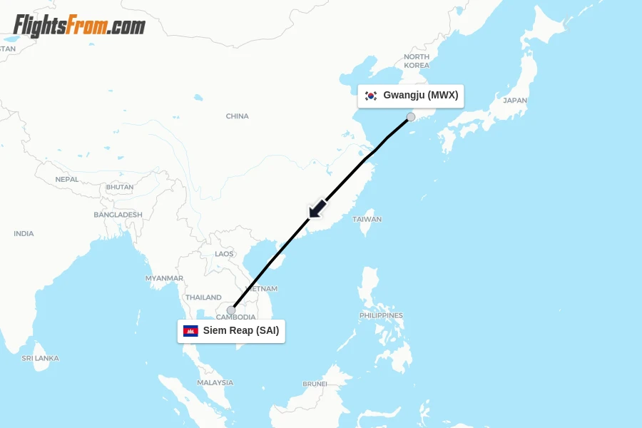 Flights from Gwangju to Siem Reap route map