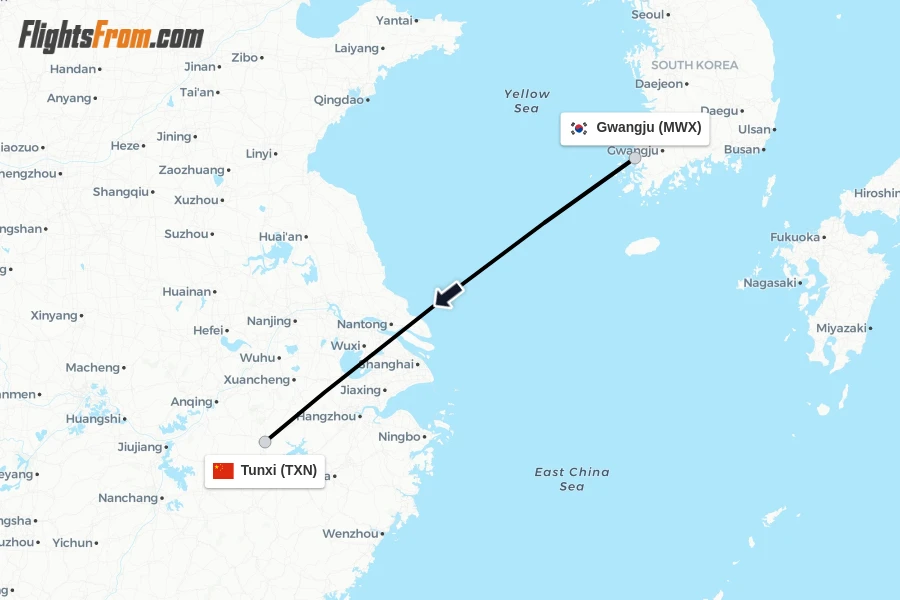 Flights from Gwangju to Tunxi route map