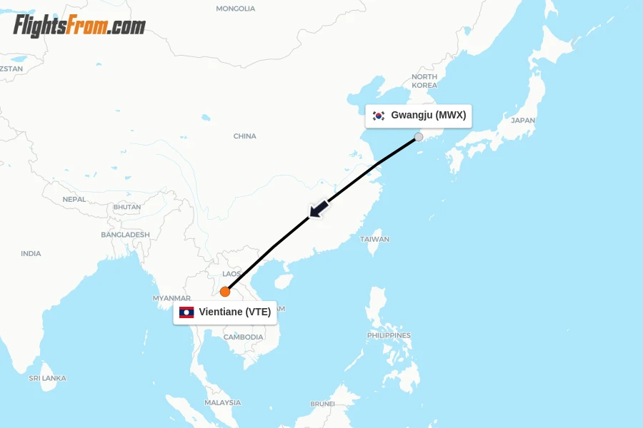 Flights from Gwangju to Vientiane route map