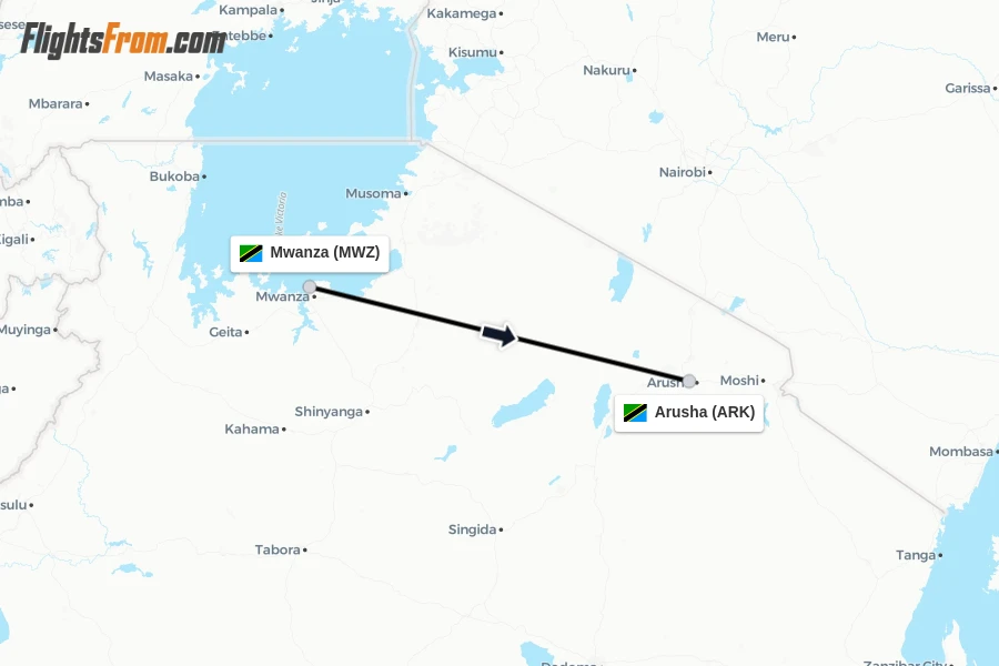 Flights from Mwanza to Arusha route map