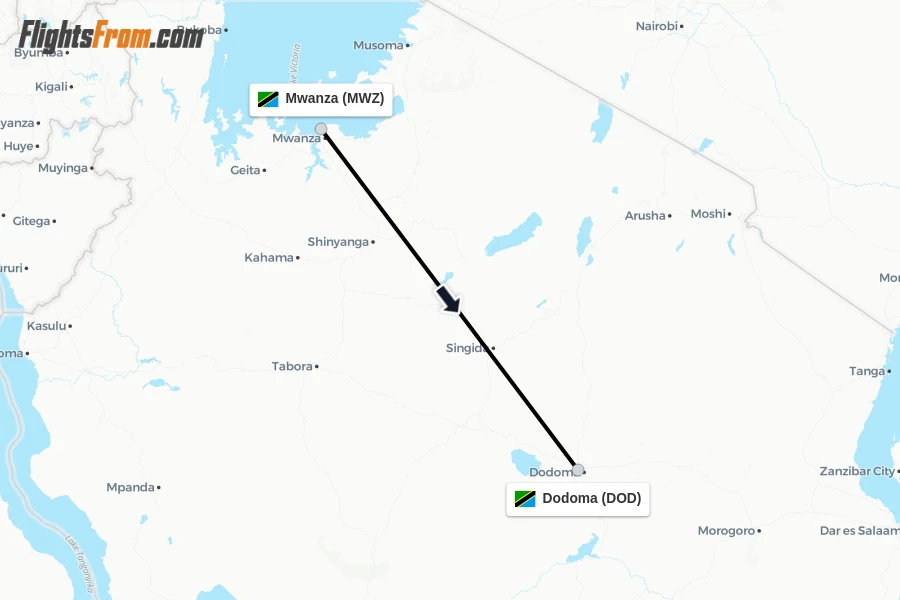 Flights from Mwanza to Dodoma route map