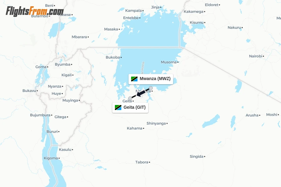 Flights from Mwanza to Geita route map