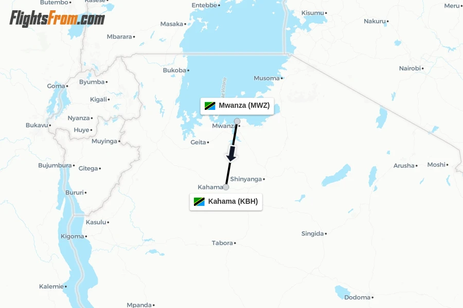 Flights from Mwanza to Kahama route map