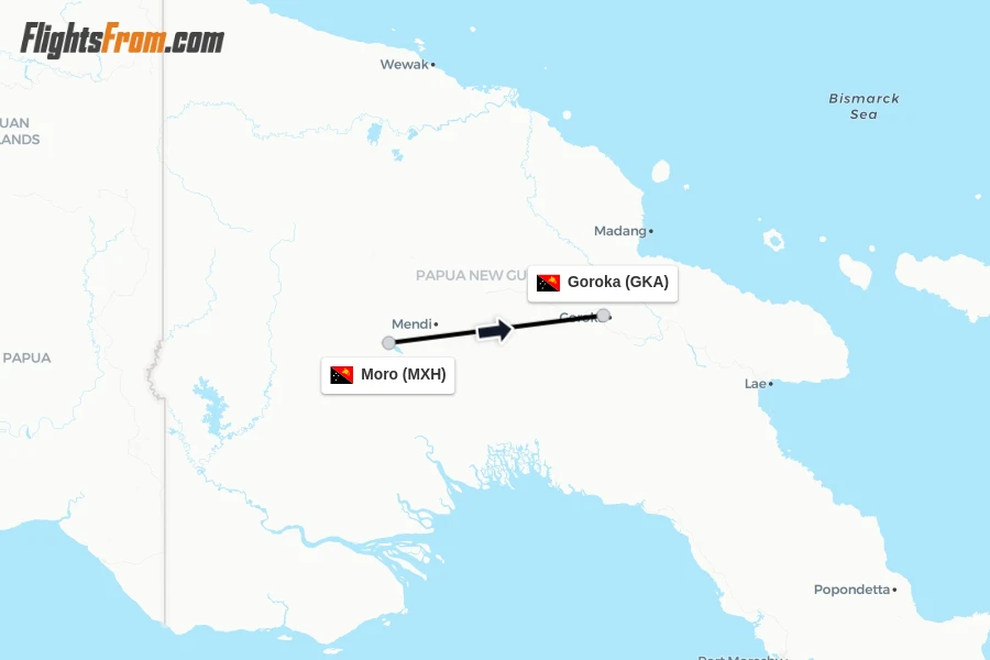 Flights from Moro to Goroka route map