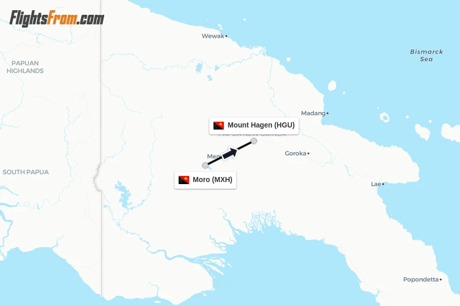 Flights from Moro to Mount Hagen route map