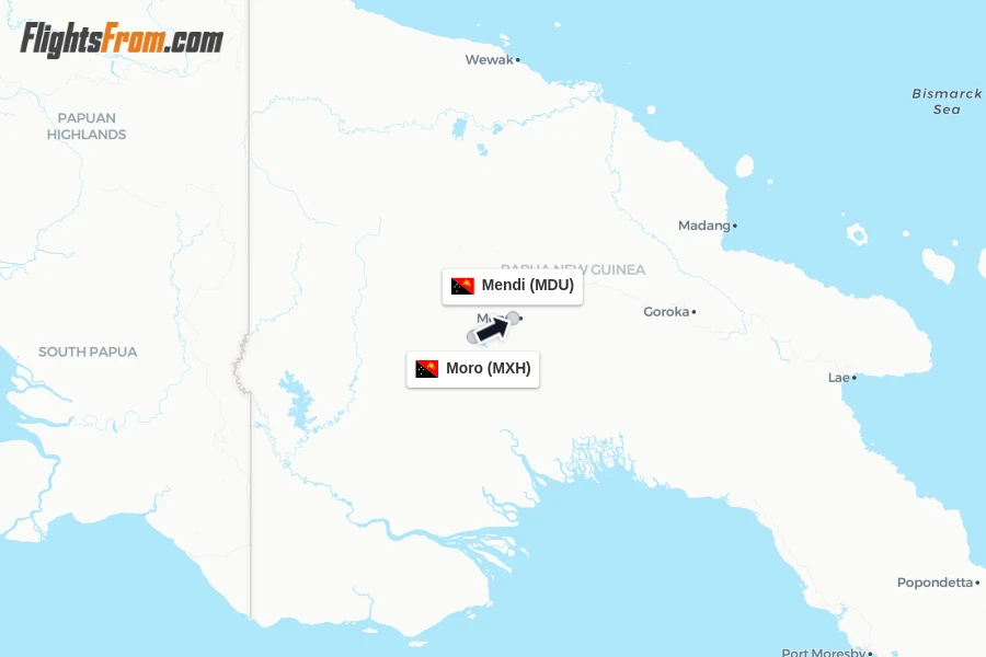 Flights from Moro to Mendi route map