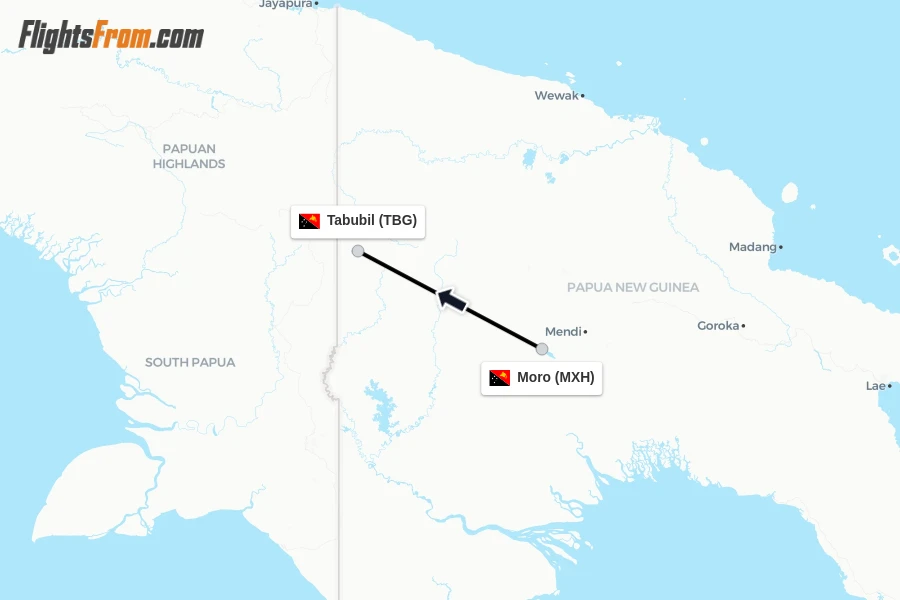 Flights from Moro to Tabubil route map