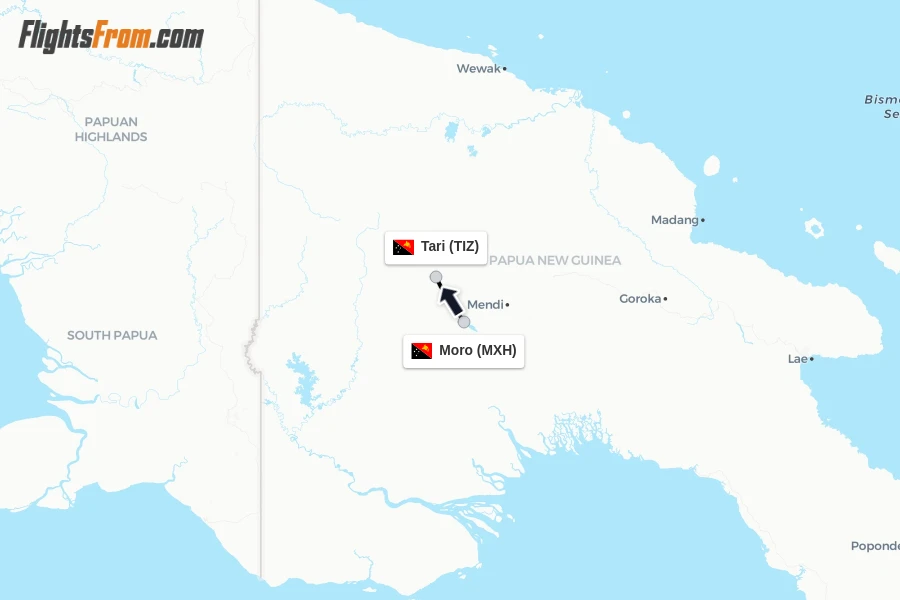 Flights from Moro to Tari route map