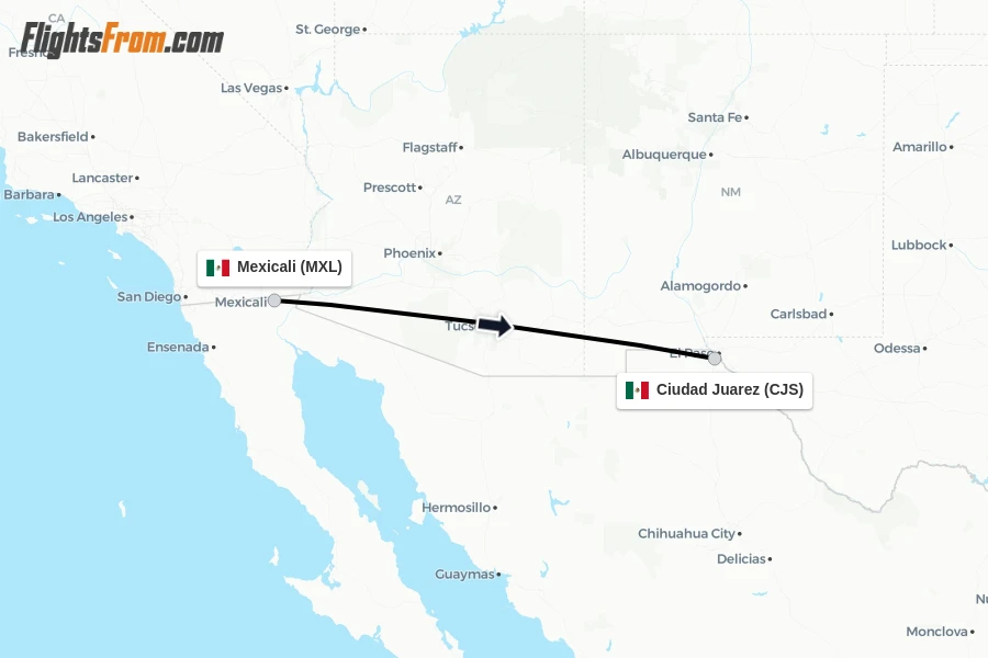 Flights from Mexicali to Ciudad Juarez route map