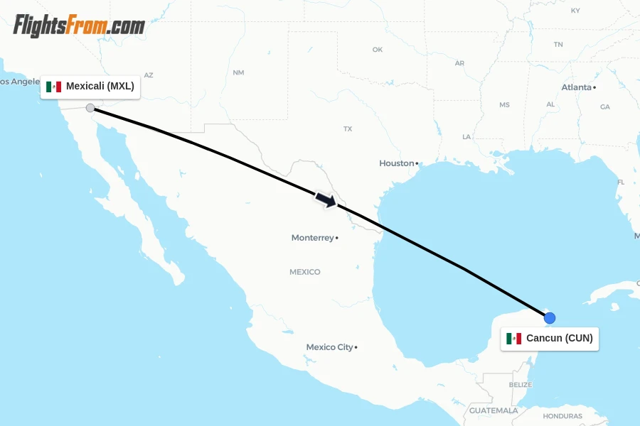 Flights from Mexicali to Cancun route map