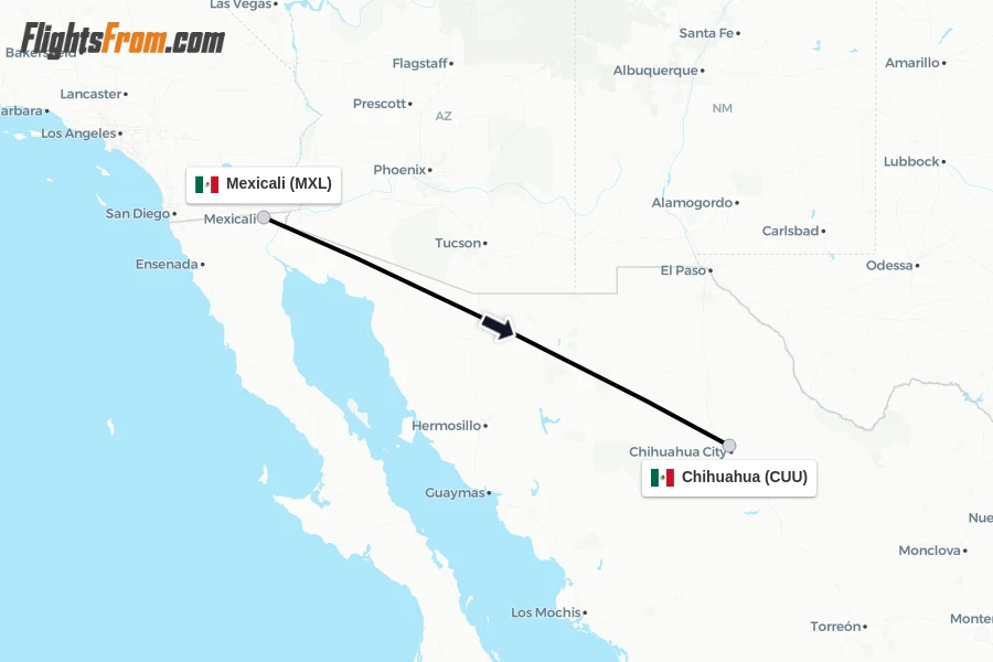 Flights from Mexicali to Chihuahua route map