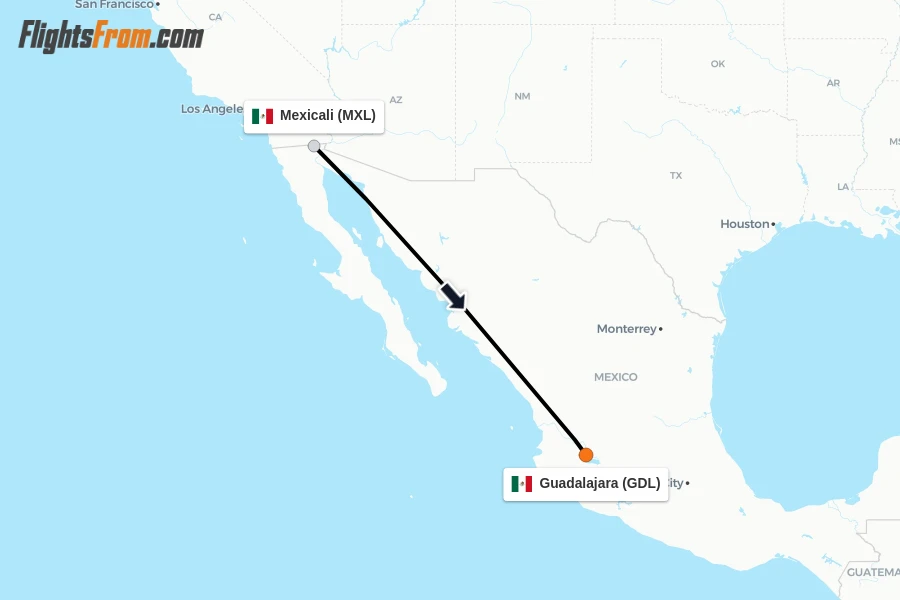 Flights from Mexicali to Guadalajara route map