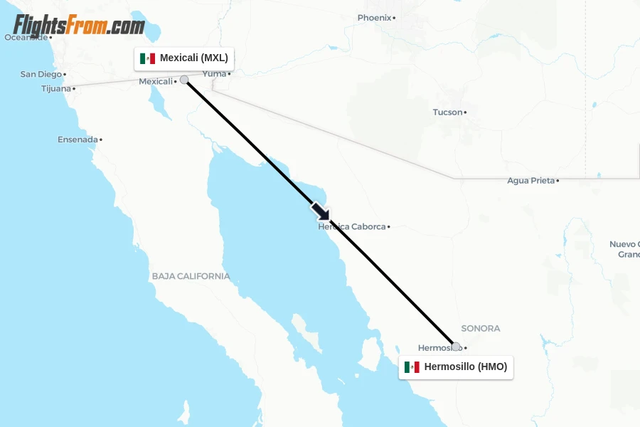 Flights from Mexicali to Hermosillo route map
