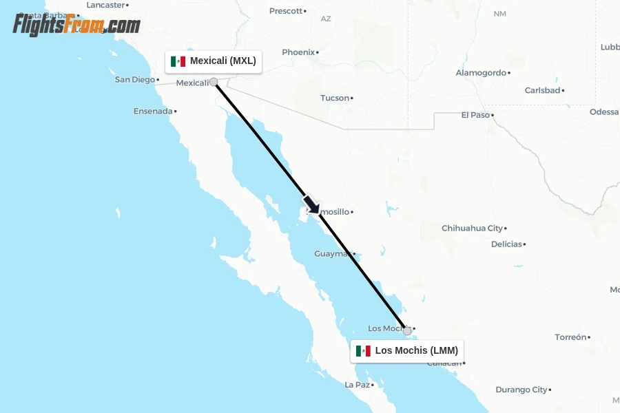 Flights from Mexicali to Los Mochis route map